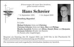 Traueranzeige Hans Schreier
