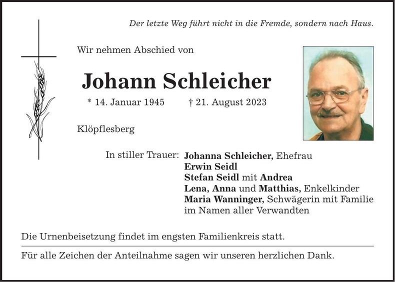 Traueranzeige Johann Schleicher