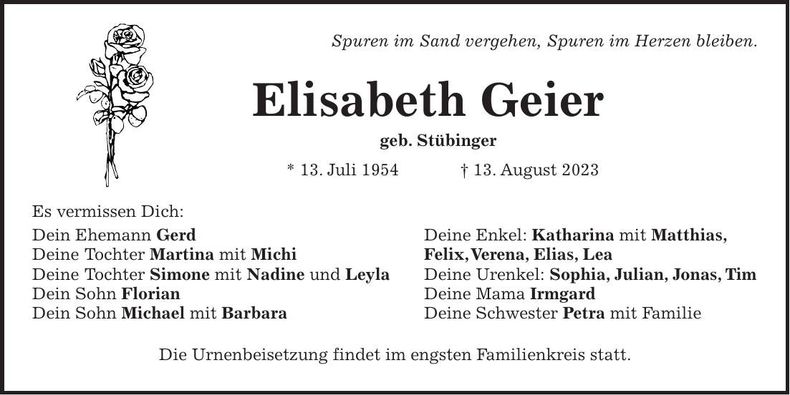 Traueranzeige Elisabeth Geier