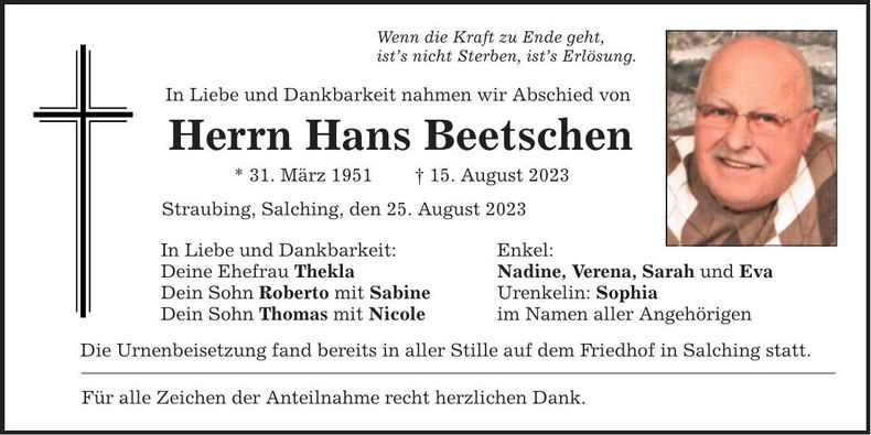Traueranzeige Hans Beetschen