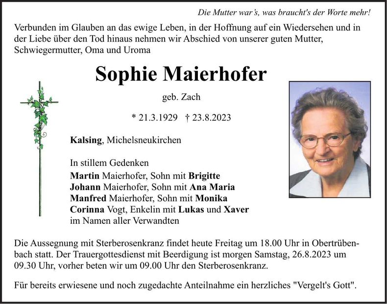 Traueranzeige Sophie Maierhofer