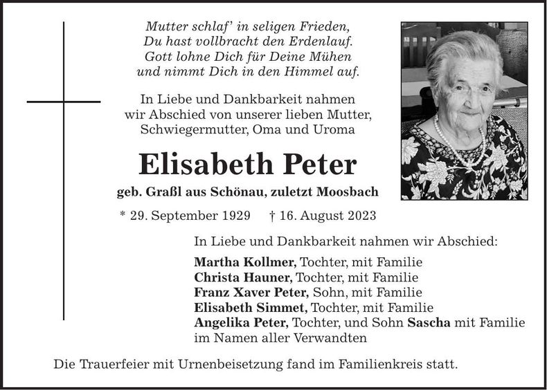 Traueranzeige Elisabeth Peter