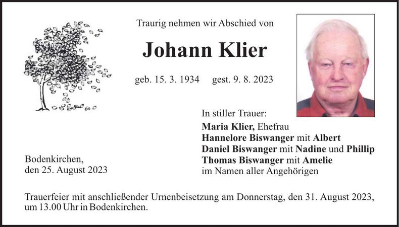 Traueranzeige Johann Klier