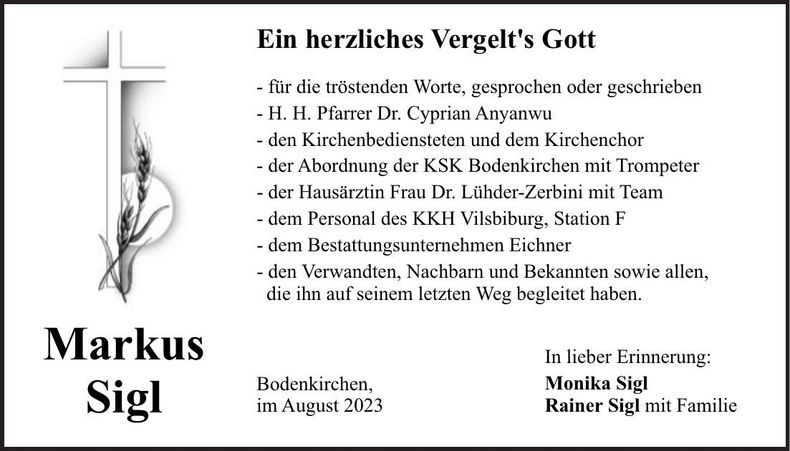 Traueranzeige Markus Sigl