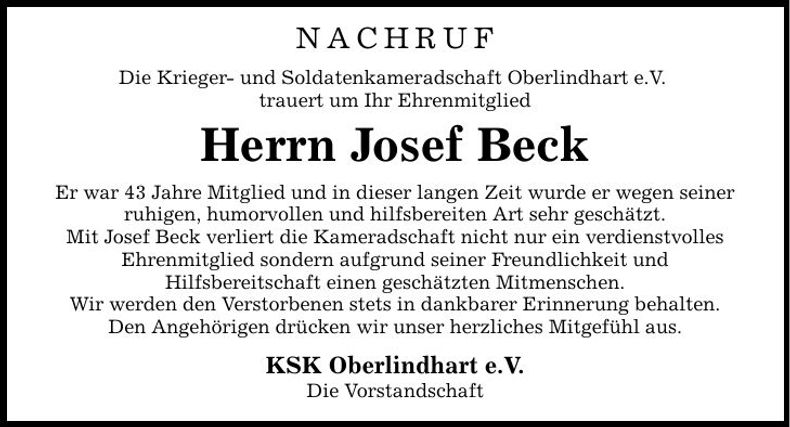 Traueranzeige Josef Beck
