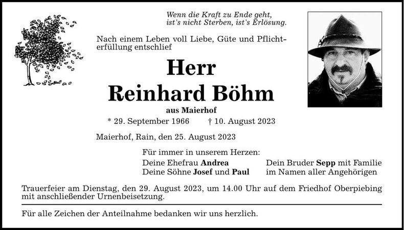 Traueranzeige Reinhard Böhm