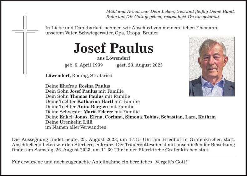 Traueranzeige Josef Paulus
