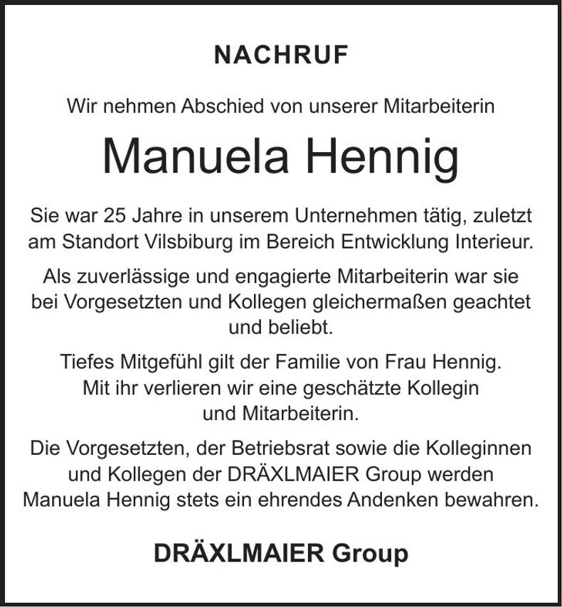 Traueranzeige Manuela Hennig