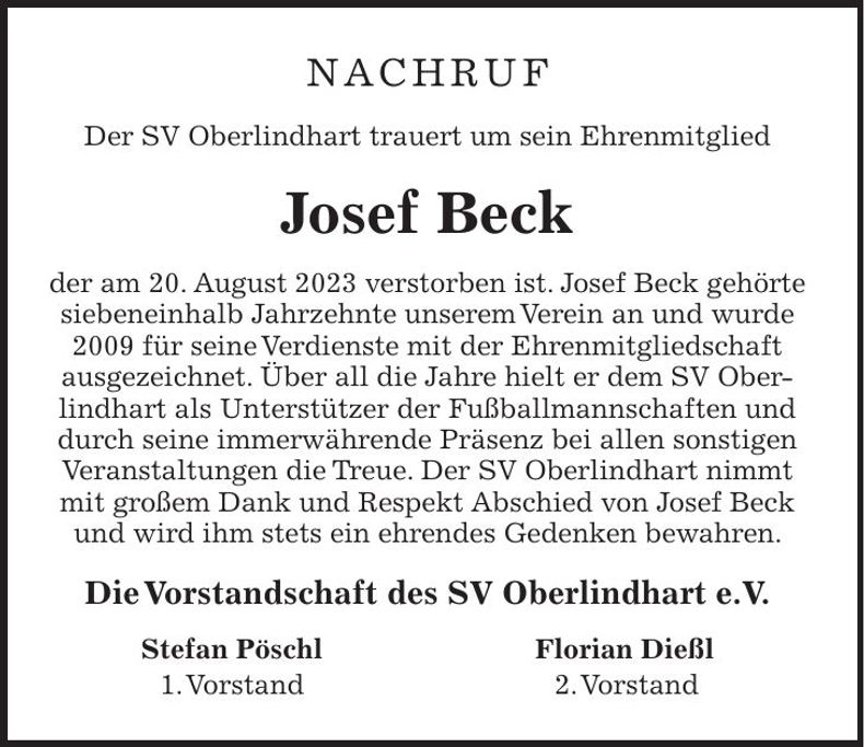 Traueranzeige Josef Beck