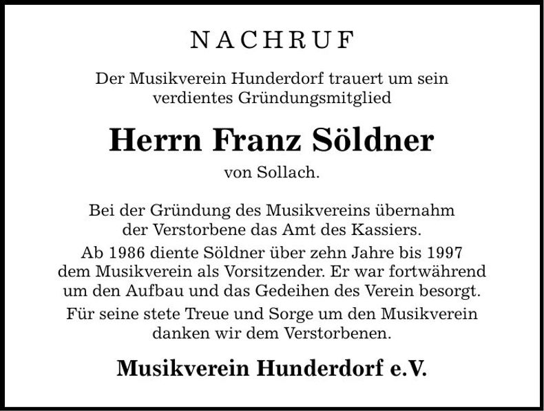 Traueranzeige Franz Söldner