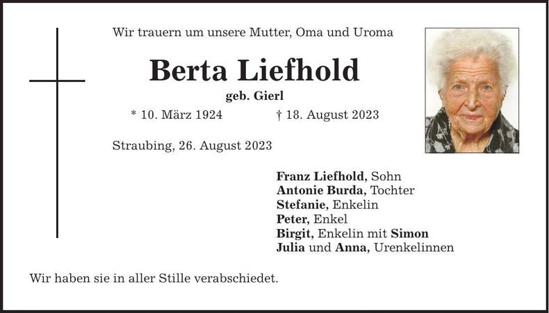 Traueranzeige Berta Liefhold
