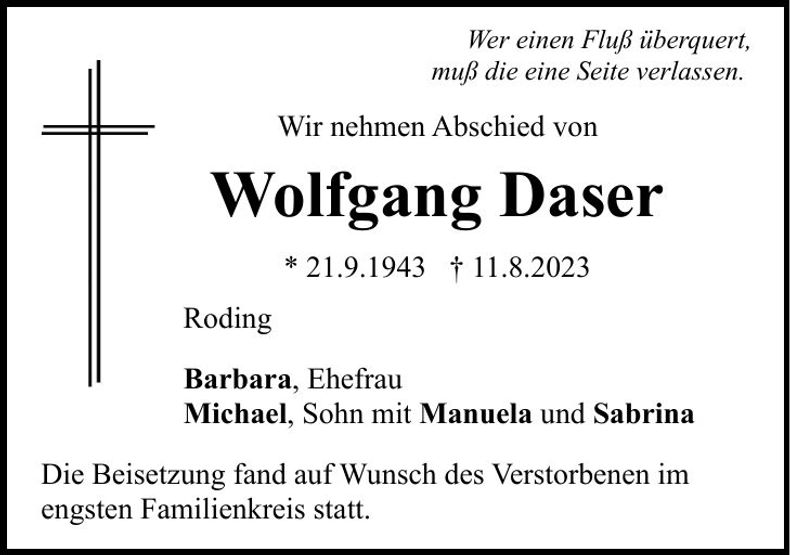 Traueranzeige Wolfgang Daser
