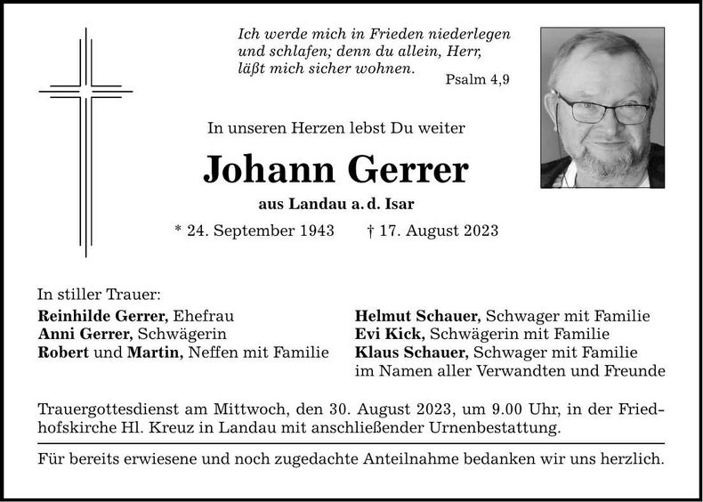 Traueranzeige Johann Gerrer