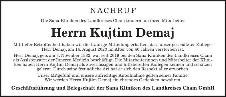 Traueranzeige Kujtim Demaj