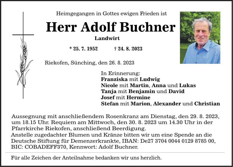 Traueranzeige Adolf Buchner