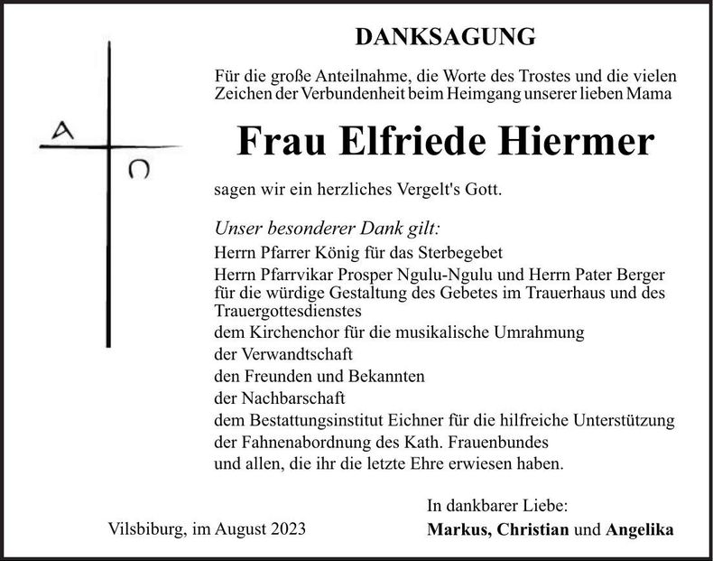 Traueranzeige Elfriede Hiermer