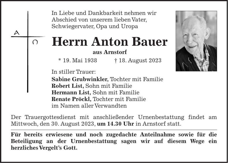 Traueranzeige Anton Bauer