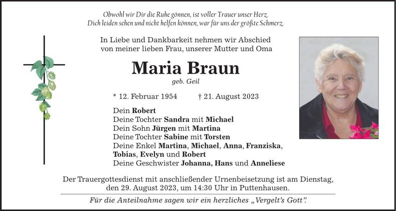 Traueranzeige Maria Braun