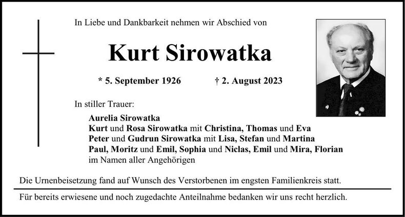 Traueranzeige Kurt Sirowatka