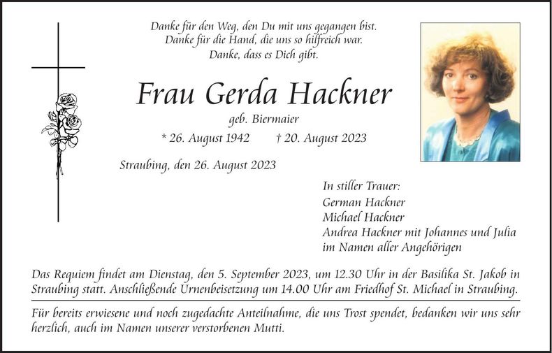 Traueranzeige Gerda Hackner