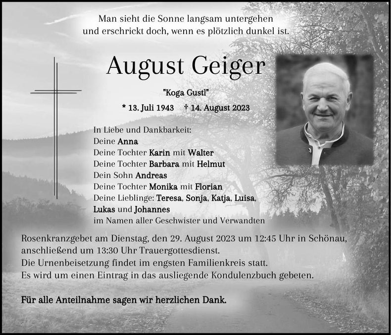 Traueranzeige August Geiger