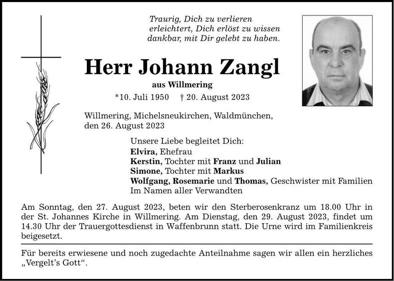 Traueranzeige Johann Zangl