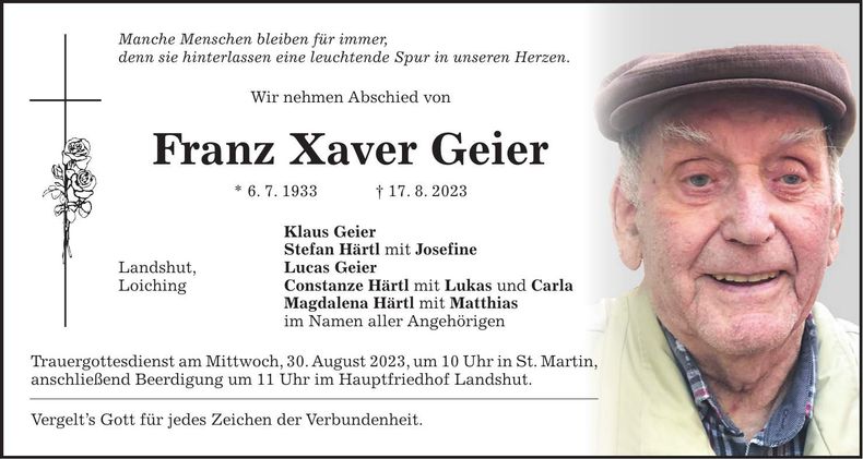 Traueranzeige Franz Xaver Geier