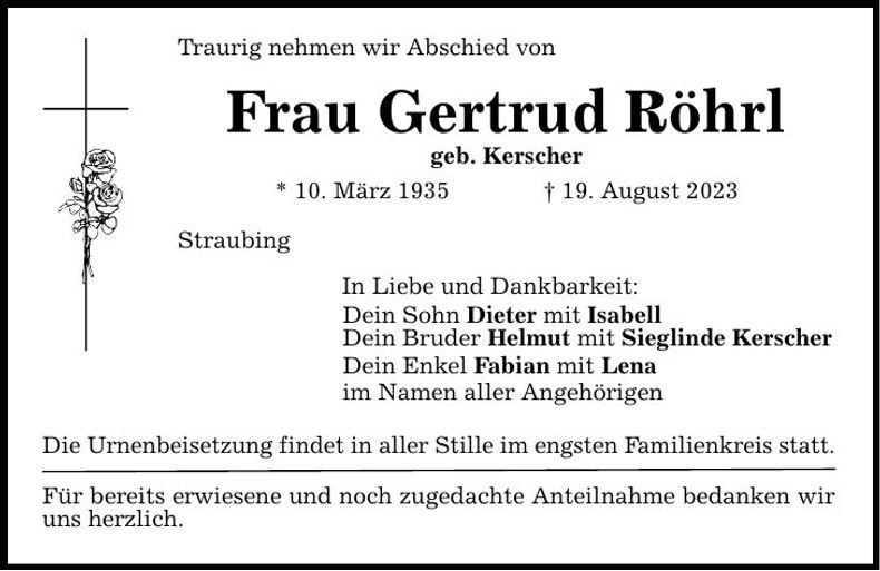 Traueranzeige Gertrud Röhrl
