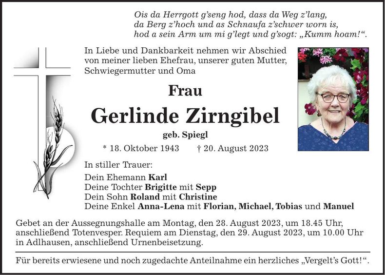Traueranzeige Gerlinde Zirngibel