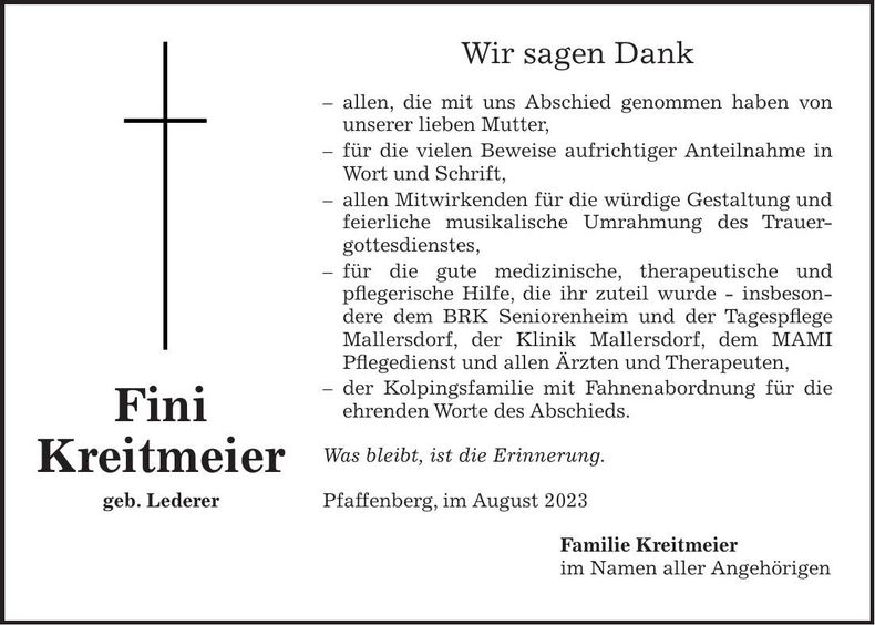 Traueranzeige Fini Kreitmeier