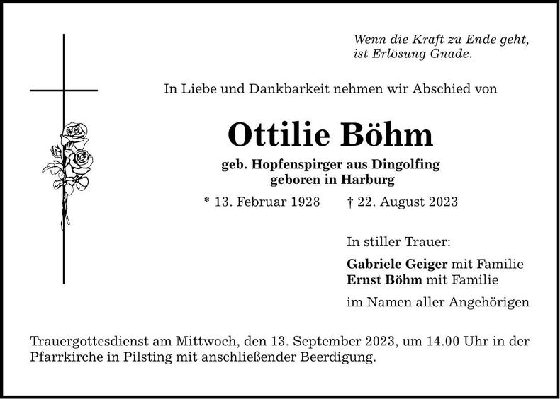 Traueranzeige Ottilie Böhm