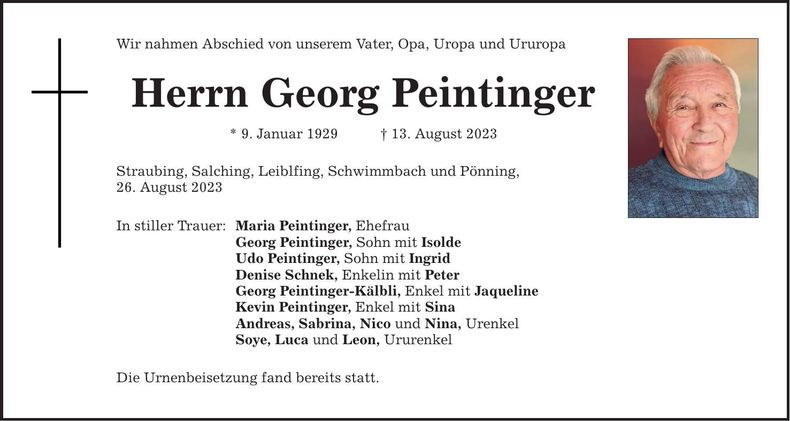 Traueranzeige Georg Peintinger