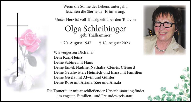 Traueranzeige Olga Schleibinger