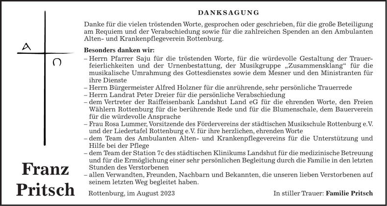 Traueranzeige Franz Pritsch