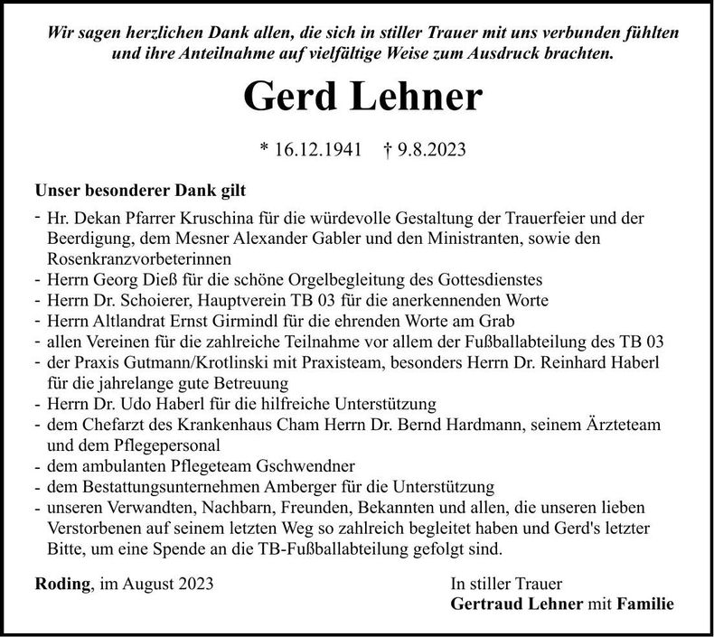 Traueranzeige Gerd Lehner