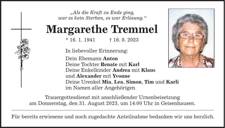 Traueranzeige Margarethe Tremmel