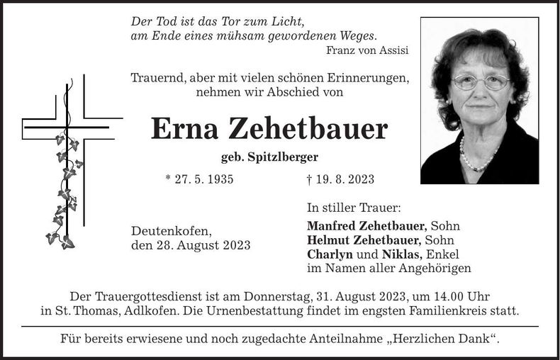 Traueranzeige Erna Zehetbauer