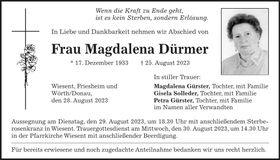 Traueranzeige Magdalena Dürmer