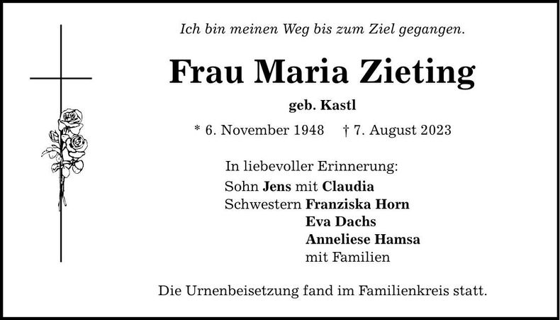 Traueranzeige Maria Zieting