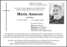 Traueranzeige Maria Anneser