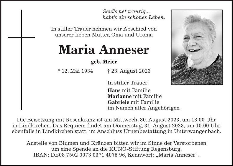 Traueranzeige Maria Anneser