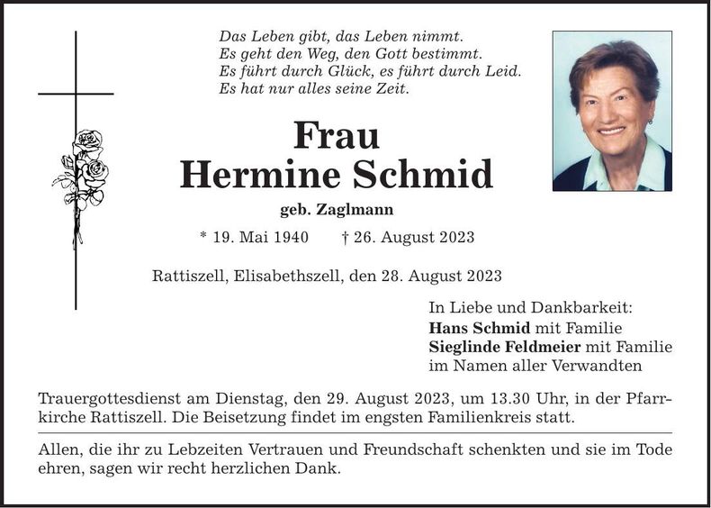 Traueranzeige Hermine Schmid