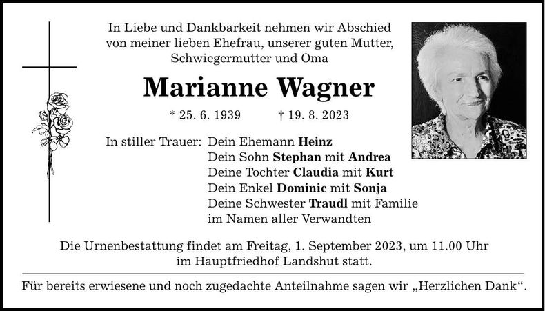 Traueranzeige Marianne Wagner
