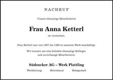 Traueranzeige Anna Ketterl