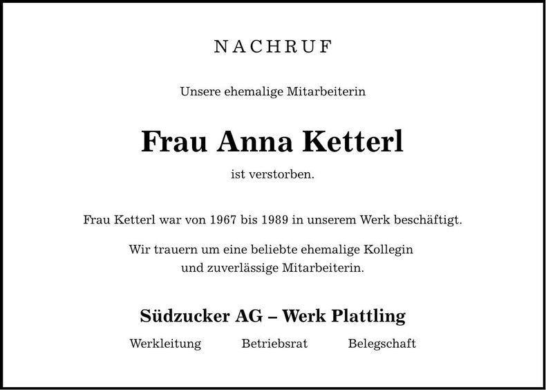 Traueranzeige Anna Ketterl