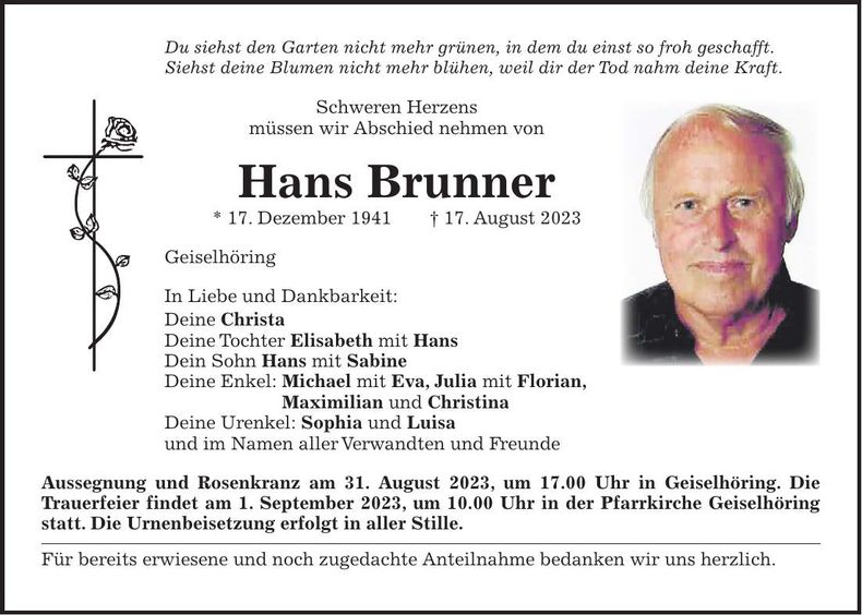 Traueranzeige Hans Brunner