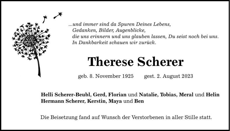 Traueranzeige Therese Scherer