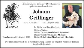 Traueranzeige Johann Geillinger