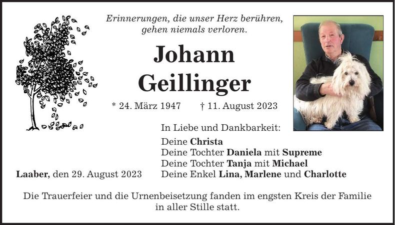 Traueranzeige Johann Geillinger