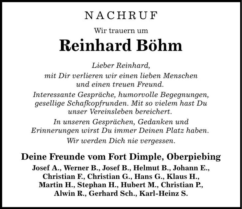Traueranzeige Reinhard Böhm